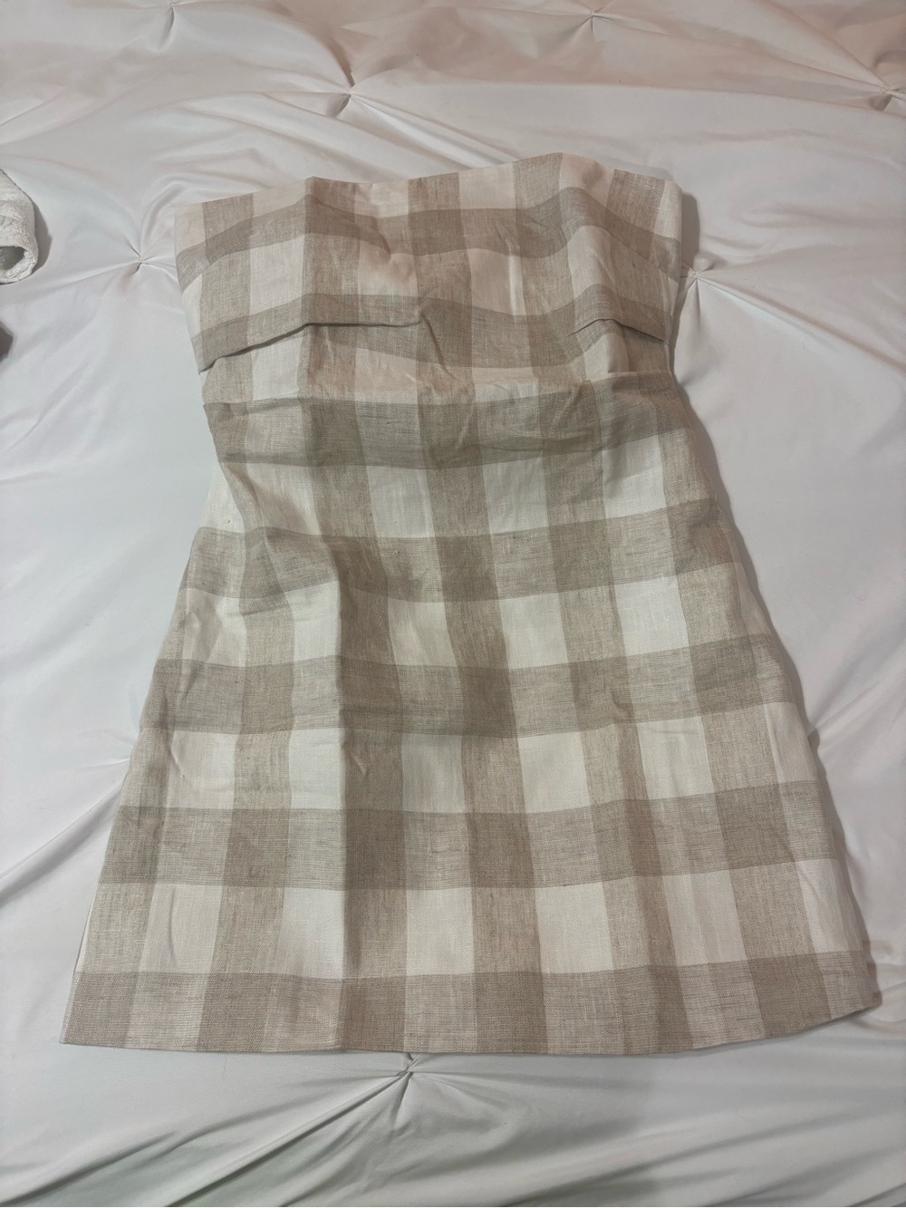 Strapless Linen Beige and White Check Midi Dress